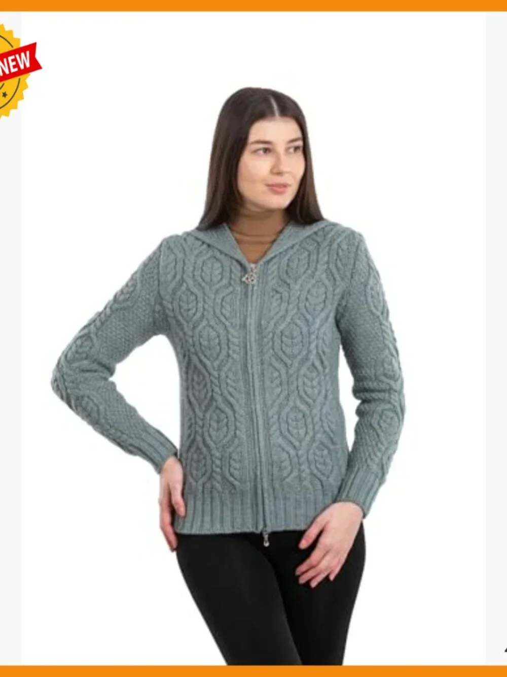 Merino Wool Hooded Zip Cardigan - Aran Stitch - Warm Layering Sweater - Picture 4 of 7